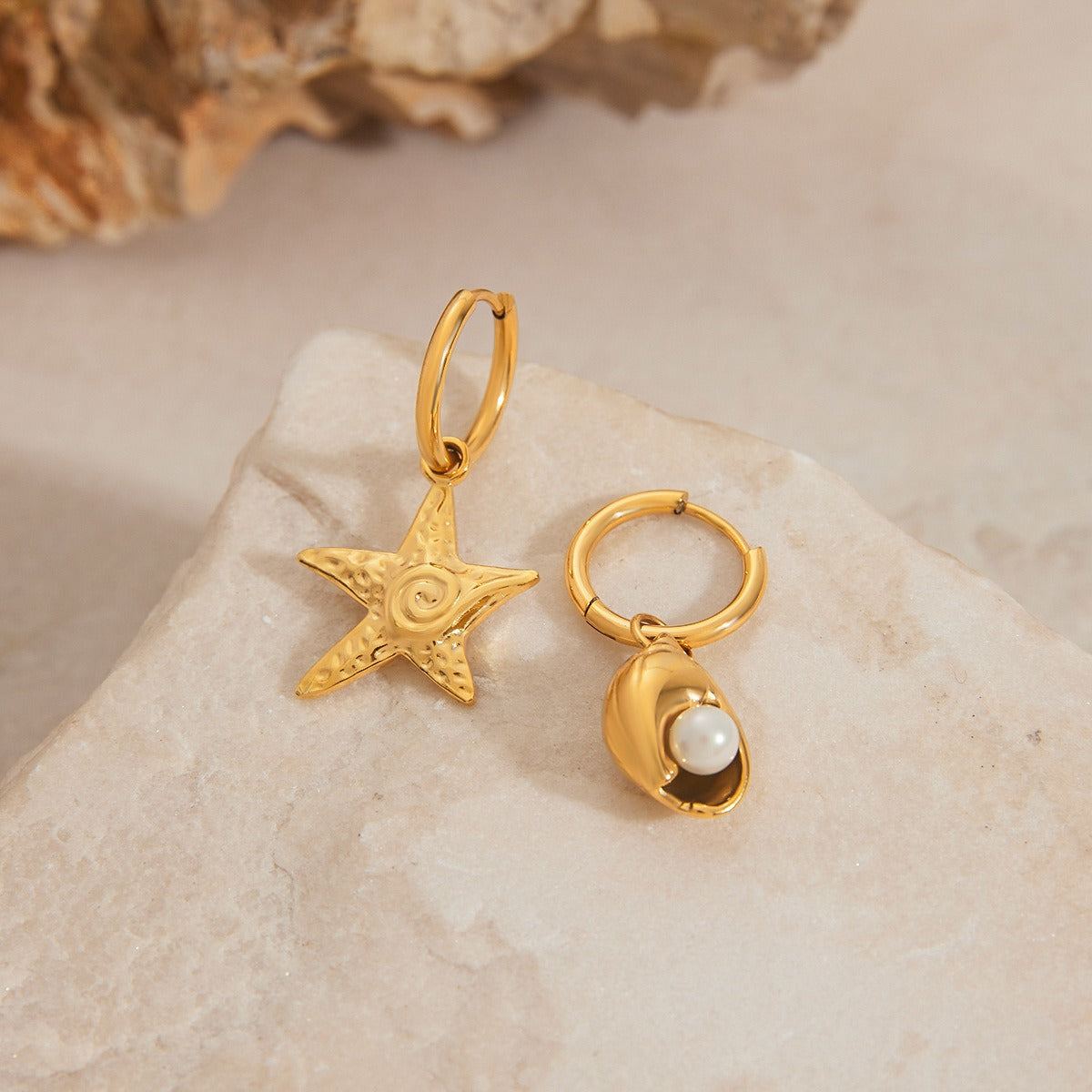 18K gold starfish with conch design exquisite ocean-style earrings