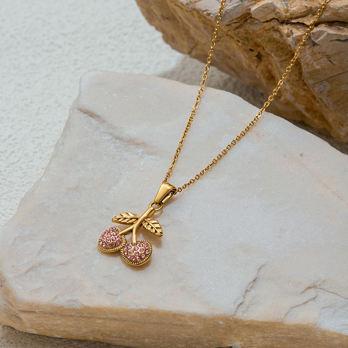 18K Gold Cherry Shaped Gemstone Beautifully Designed Dazzling Necklace Ring Set