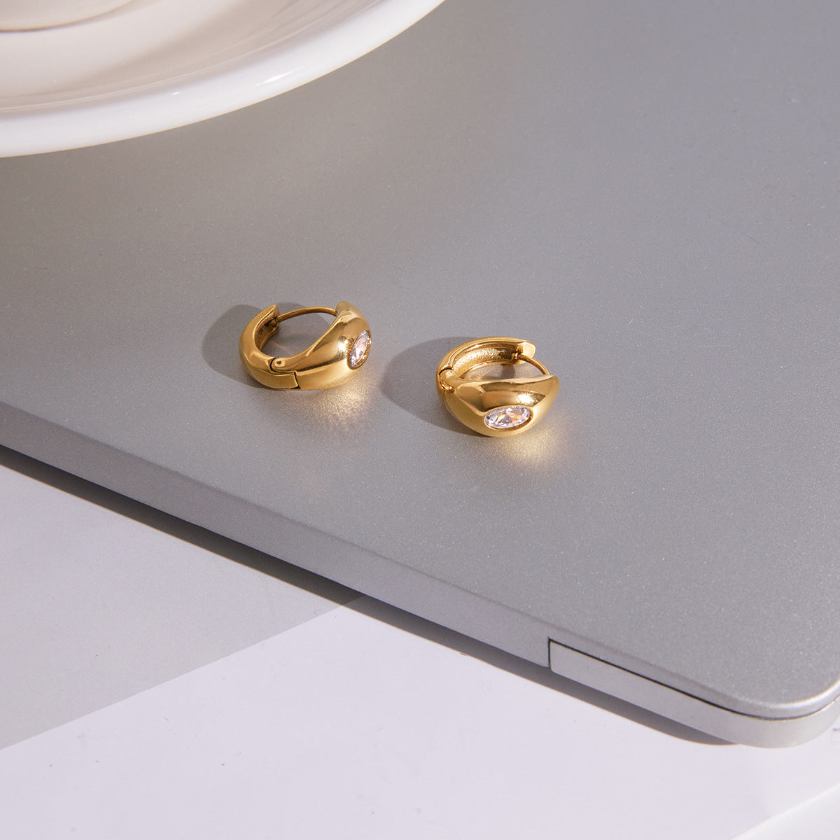 Oval Zircon Huggie Earrings