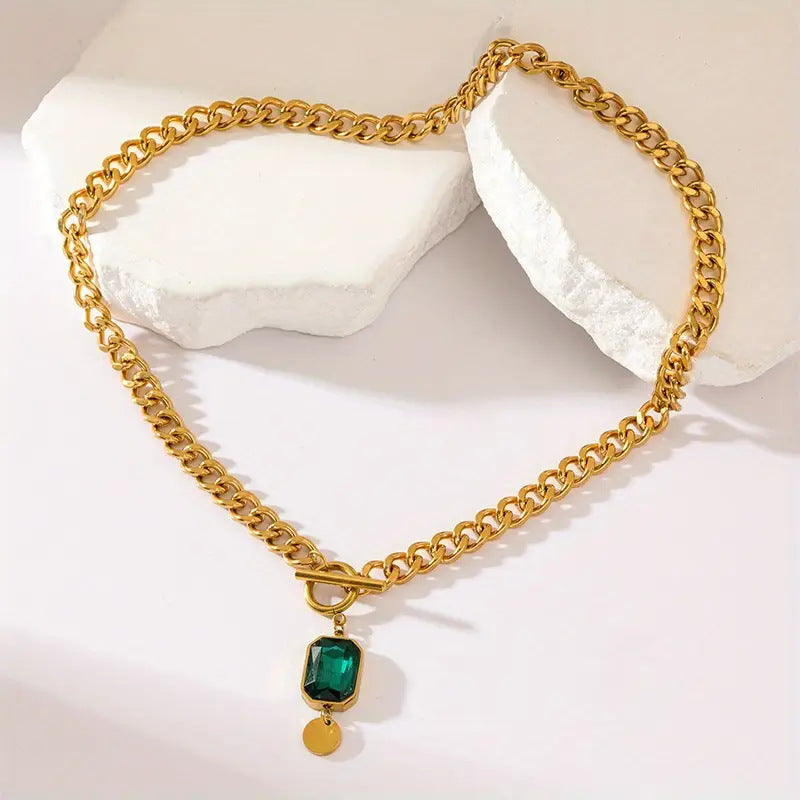 New Retro Fashion Exaggerated Chunky Chain Green Square Zircon Pendant Choker Necklace For Women, Short Clavicle Neck Jewelry