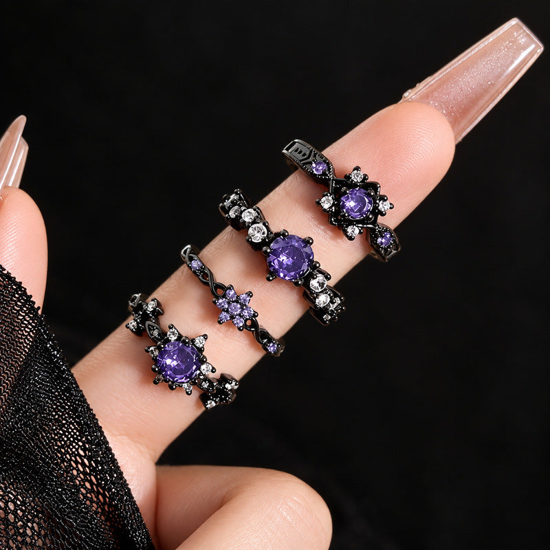 Wholesale Black Gun Tone Purple Cubic Zirconia Open Ring For Women, Niche High-End Retro Gothic Dark Style Finger Jewelry