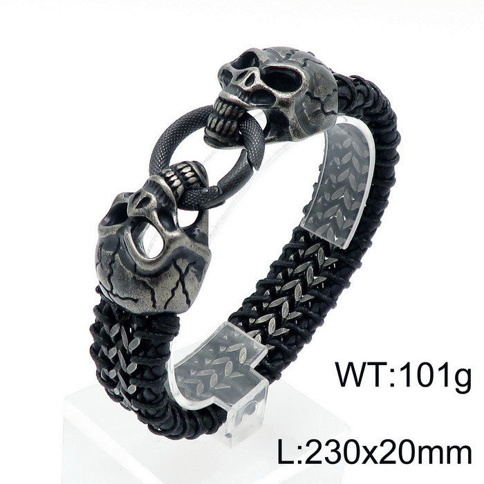 Titanium Steel Wolf Lion Skull Leather Bracelet