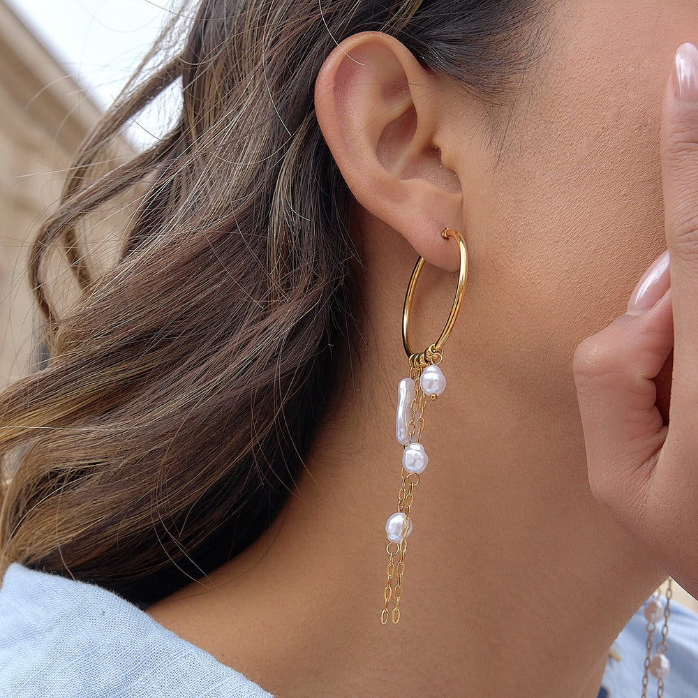 Pearl Tassel Hoop Earrings