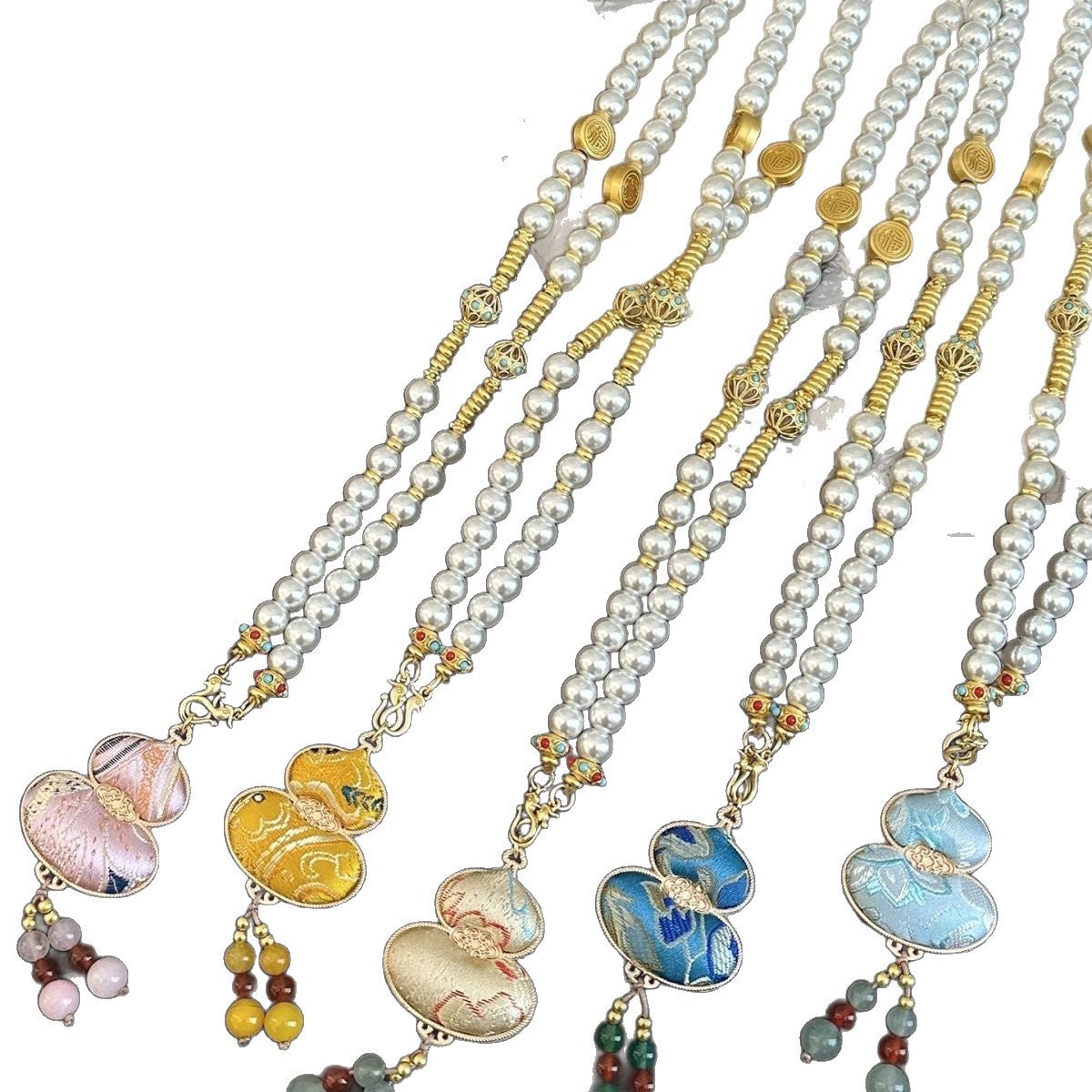 Chinese-style Song Brocade Double-sided Gourd Imitation Pearl New Chinese-style Necklace For Women, Long Ethnic-style Accessory For Cheongsam And Sweater