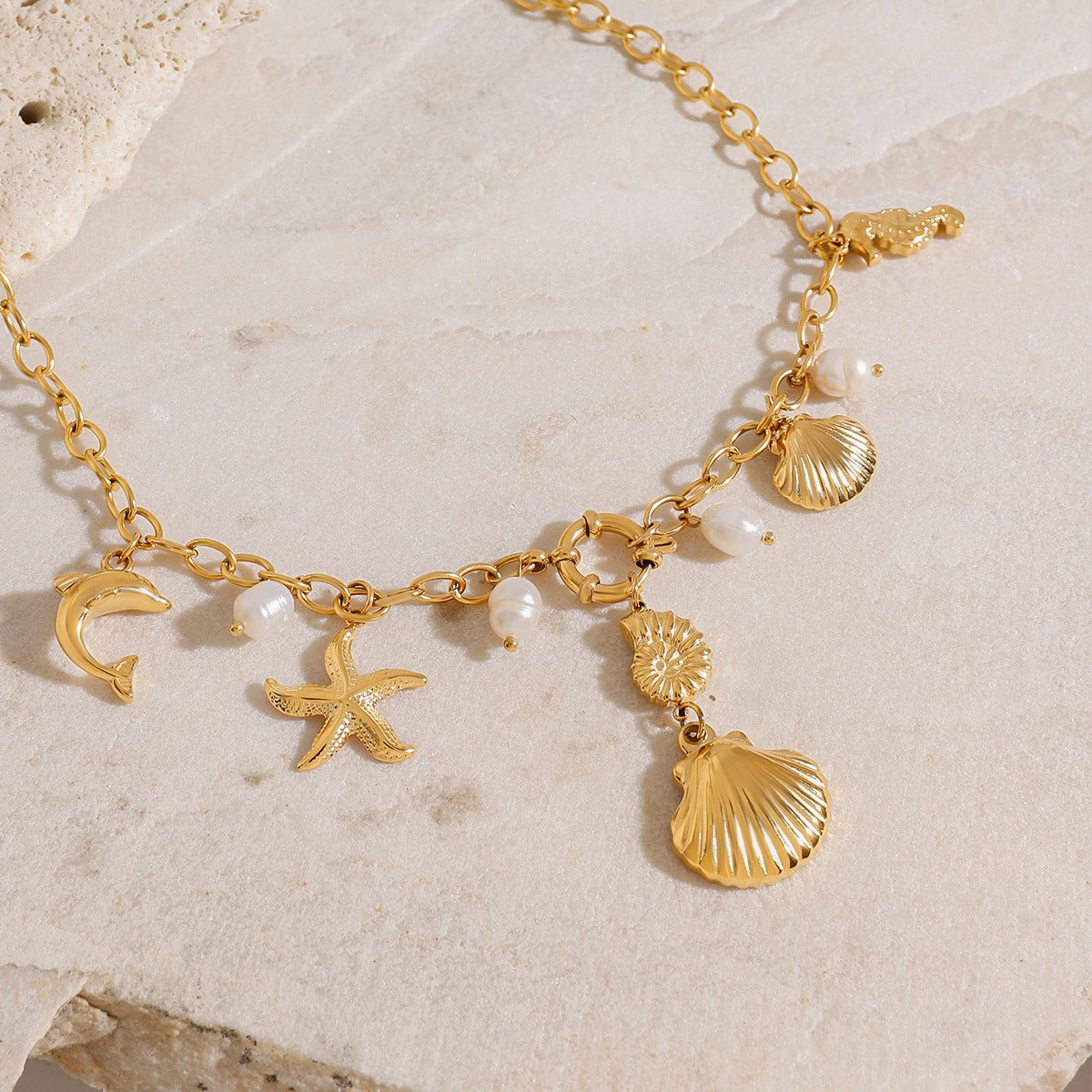 18K gold ocean element inlaid pearl design trendy unique earrings necklace bracelet ring set