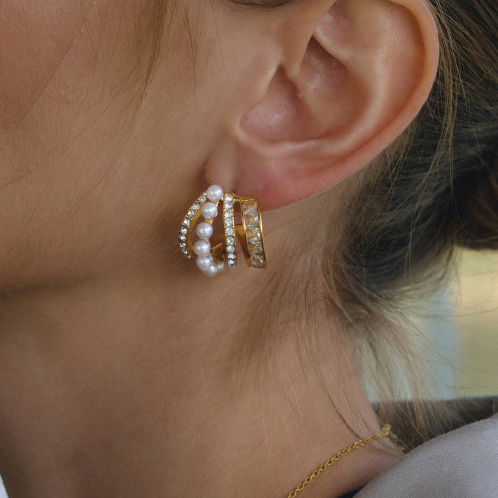 Pearl Zircon C Hoop Earrings