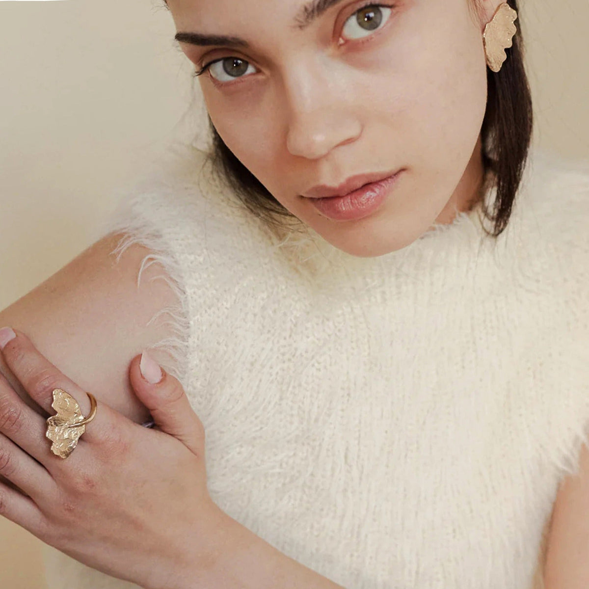 18K gold irregular leaves with texture design simple and unique earring ring set