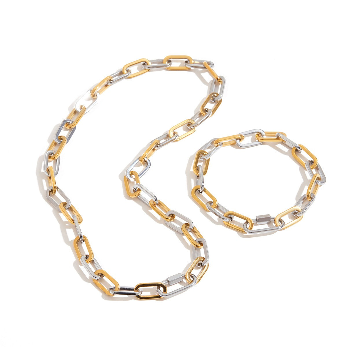 18K gold pendant chain with gold and silver color matching design, simple and unique necklace and bracelet set