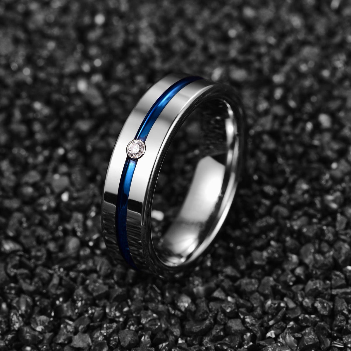 6mm Wide Polished Blue Groove Inlaid Zircon Tungsten Steel Ring
