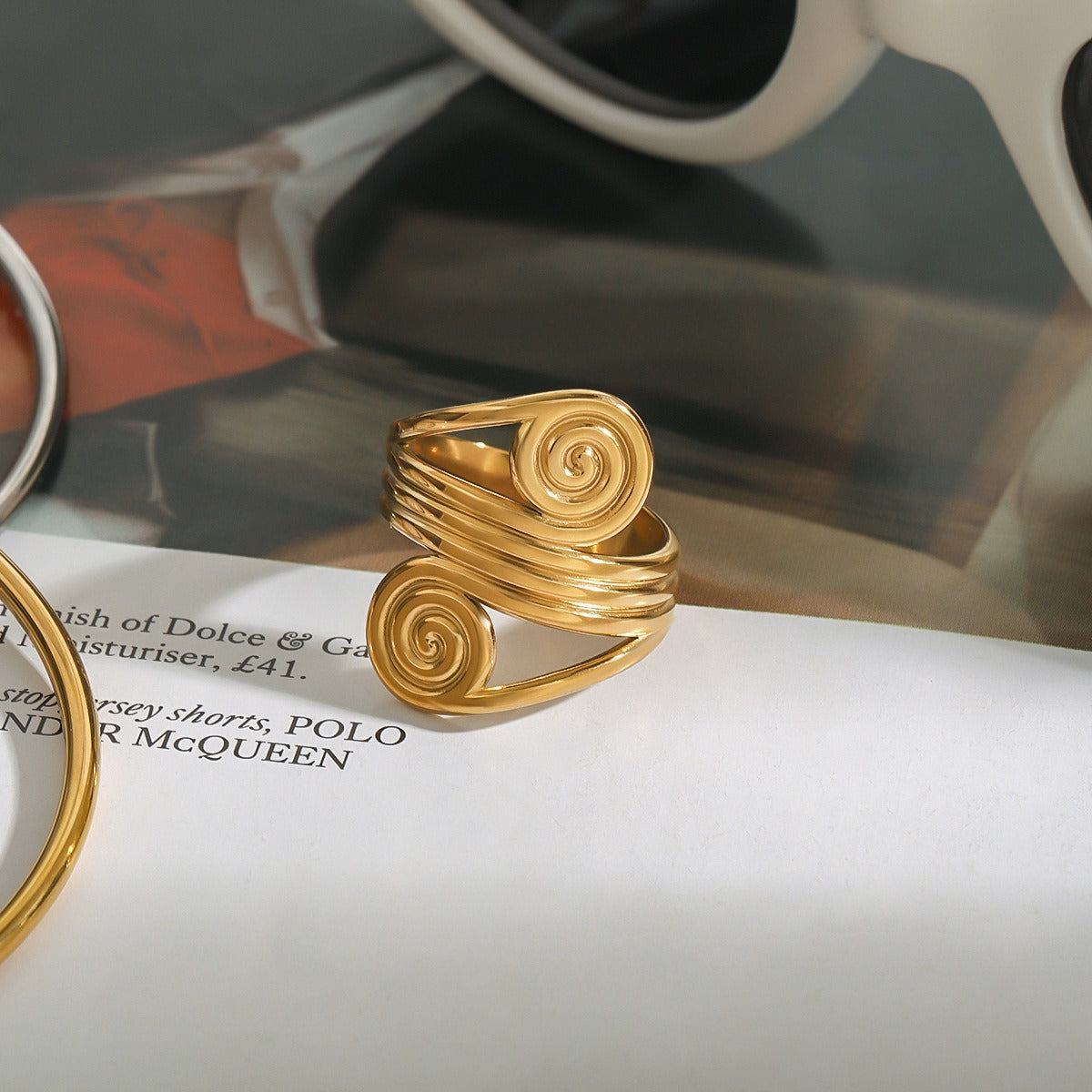 18K gold geometric lines with thread design trendy fashion ring