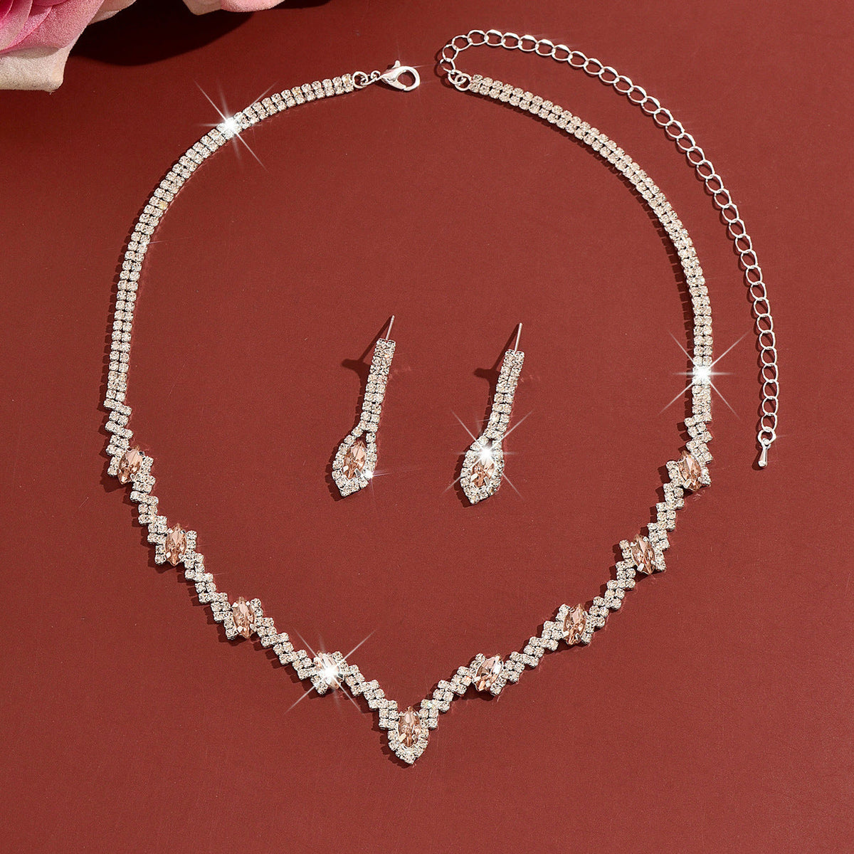 European And American Cross-Border New Style Full Diamond Water Drop V-Shaped Bridal Wedding Necklace And Earrings Fashion Exquisite Eco-Friendly Jewelry Set