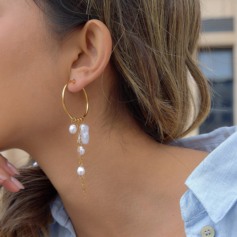 Pearl Tassel Hoop Earrings