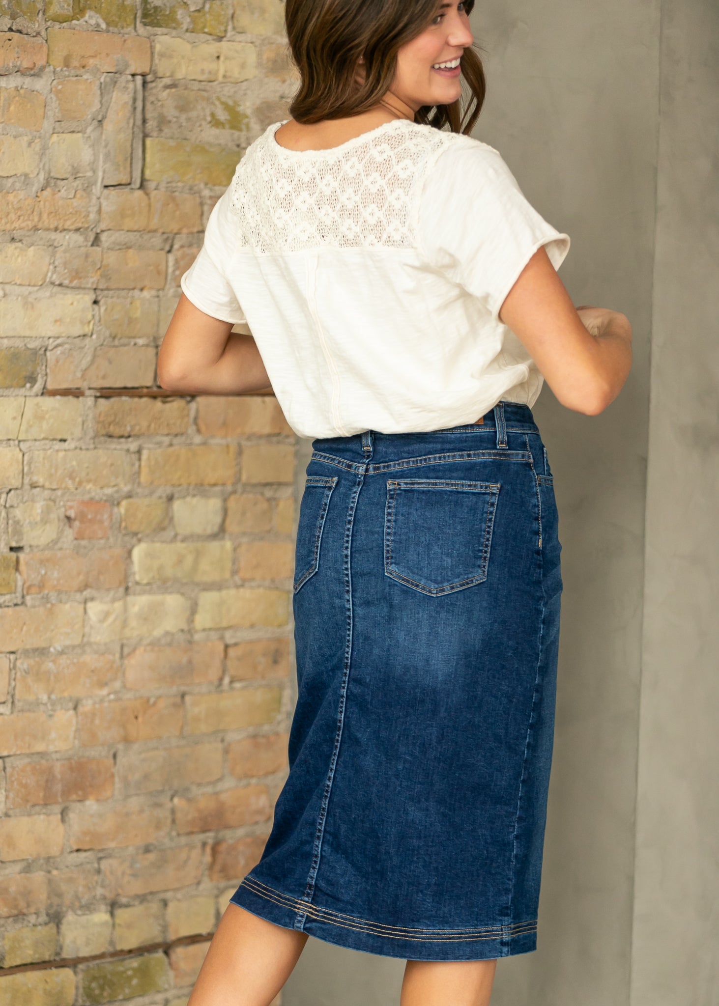 Bryn Dark Wash Denim Midi Skirt