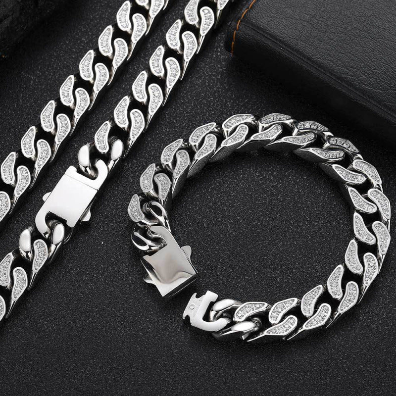 Zircon Cuban Titanium Steel Mens Bracelet