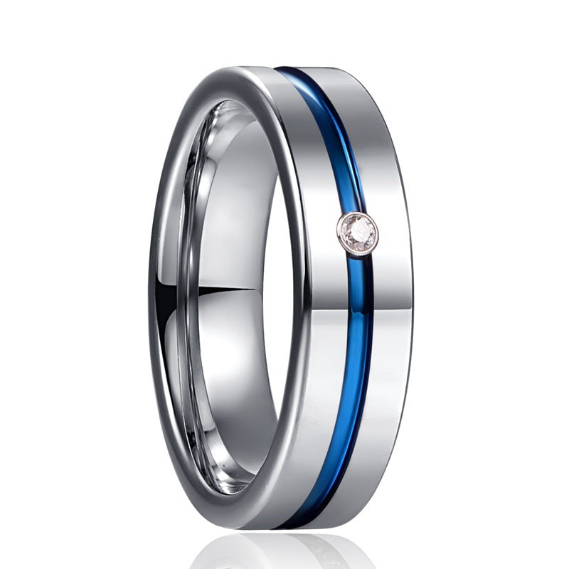 6mm Wide Polished Blue Groove Inlaid Zircon Tungsten Steel Ring
