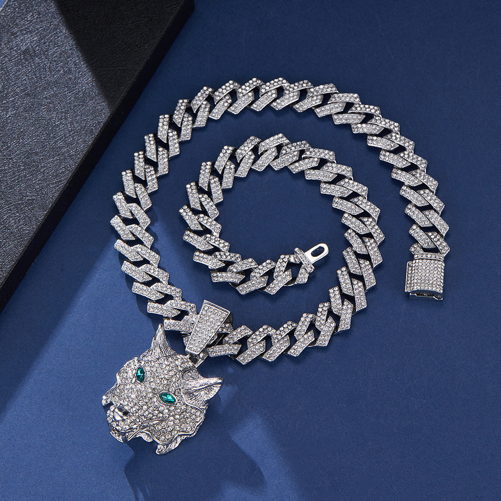 3D Animal Cat Pendant Zinc Alloy Full Diamond Enamel Hip-Hop Style Cuban Chain Necklace Lion Necklace