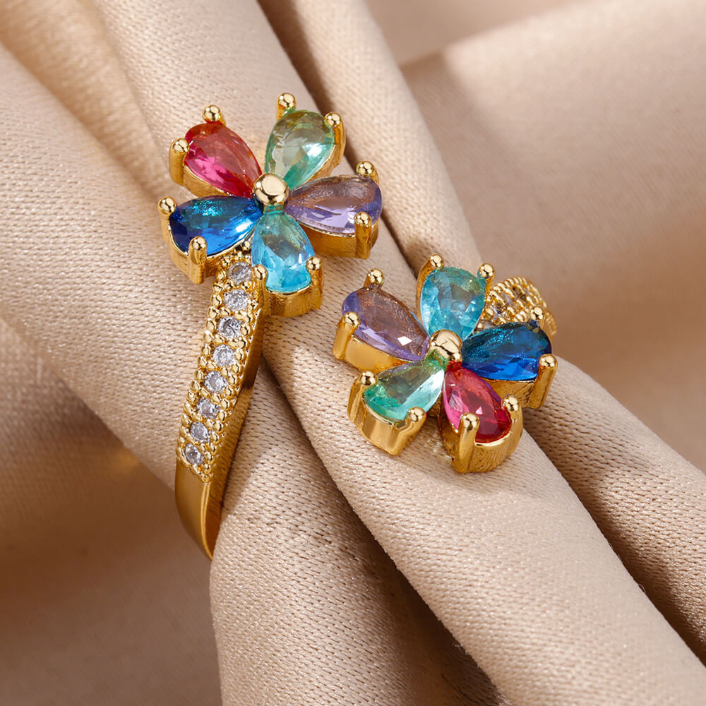 Women's Colorful Zircon Flower Open Ring