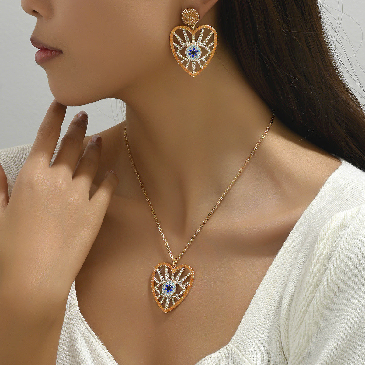 2026 New Love Diamond-encrusted Hip-hop Style Necklace Earrings Suit Angel's Eye Niche Earrings All-match Clavicle Chain