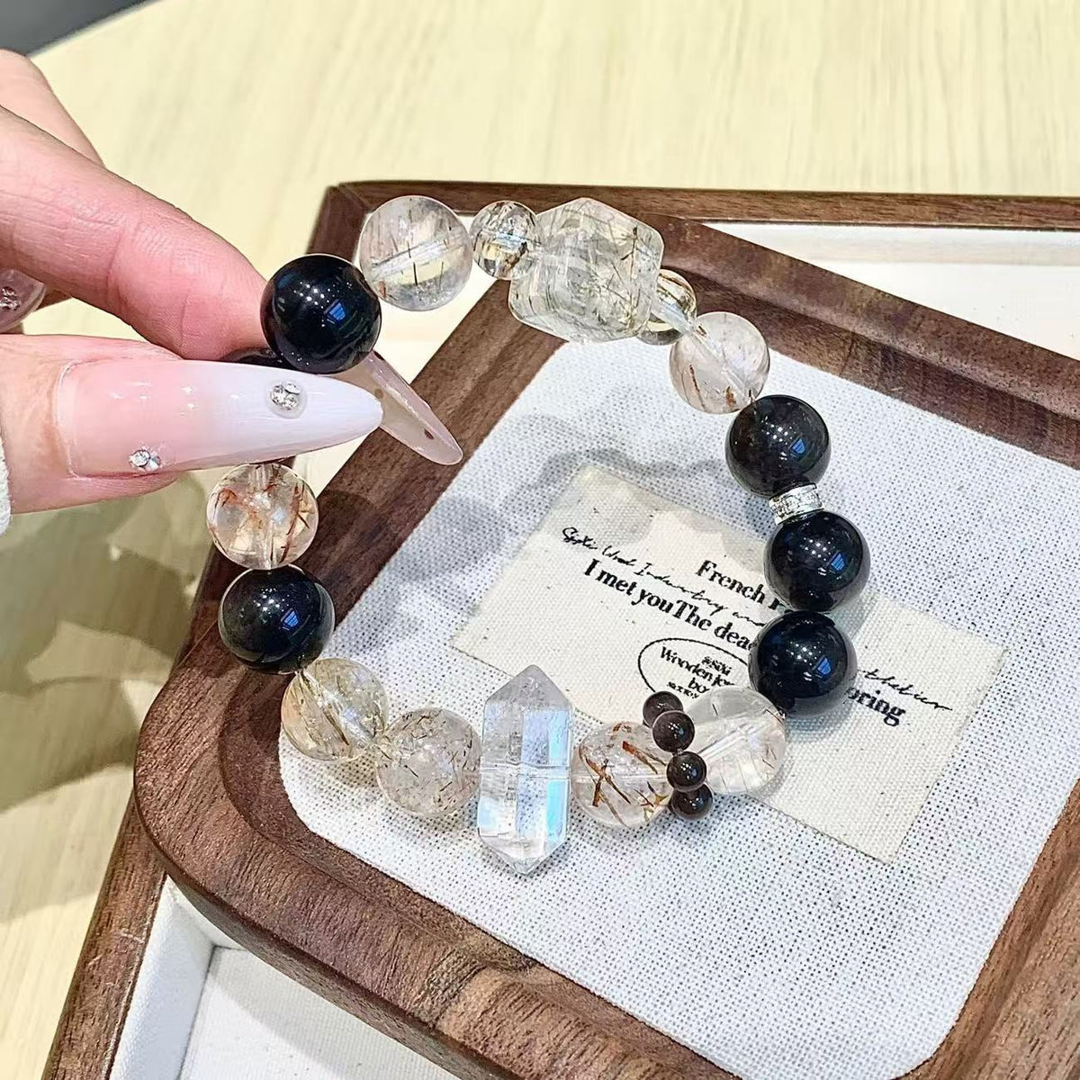 Natural Black Rutilated Quartz Clear Quartz Bracelet Black White Two Tone Beaded Chain Energy Jewelry For Women