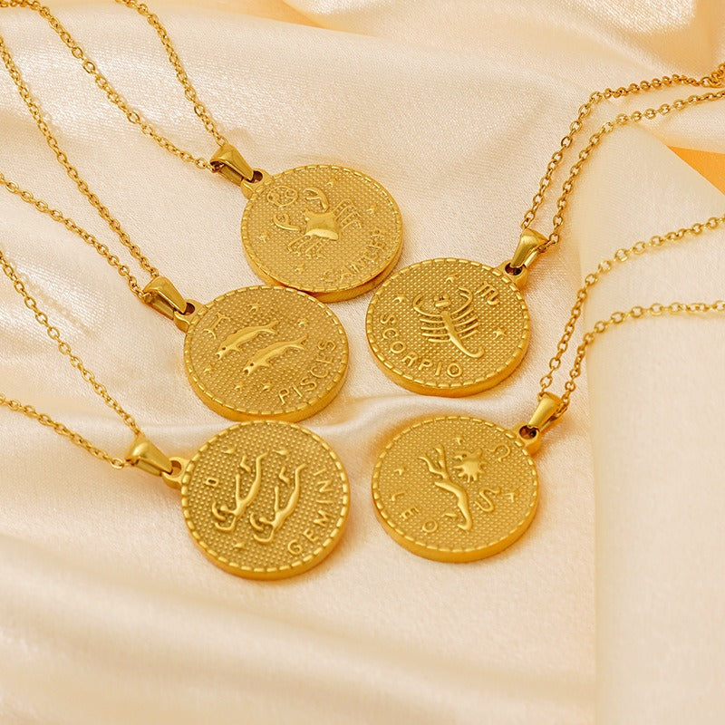 Vintage round constellation pendant 18K gold plated twelve constellation necklace