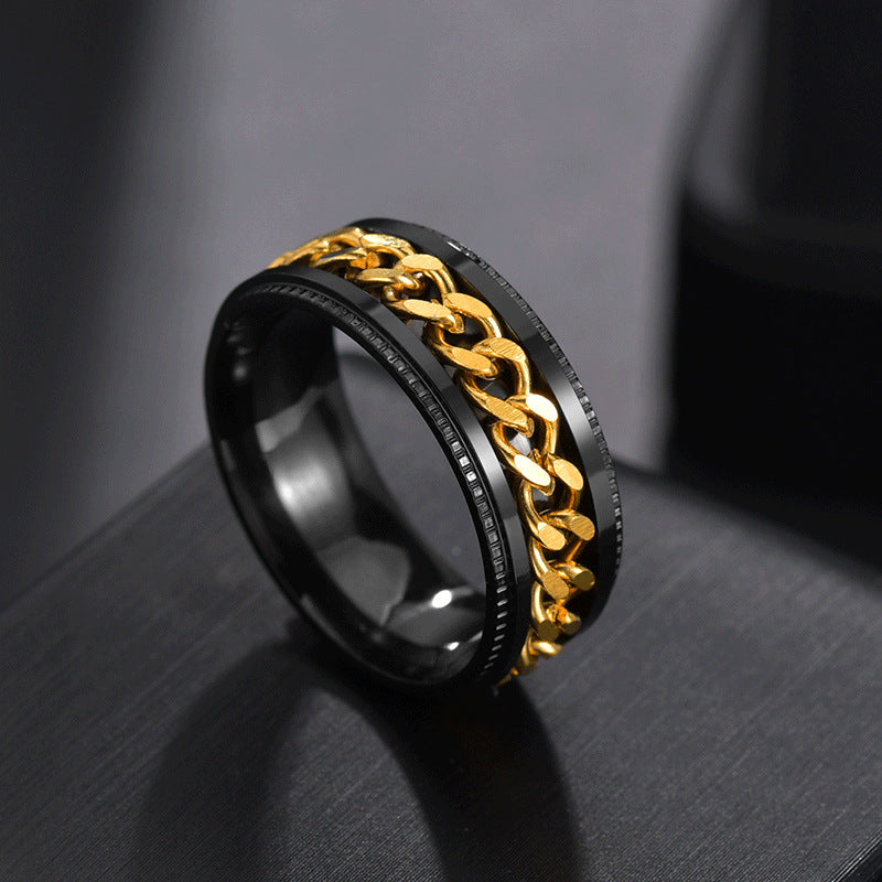Stainless Steel Rotating Cuban Chain Spinner Ring For Men