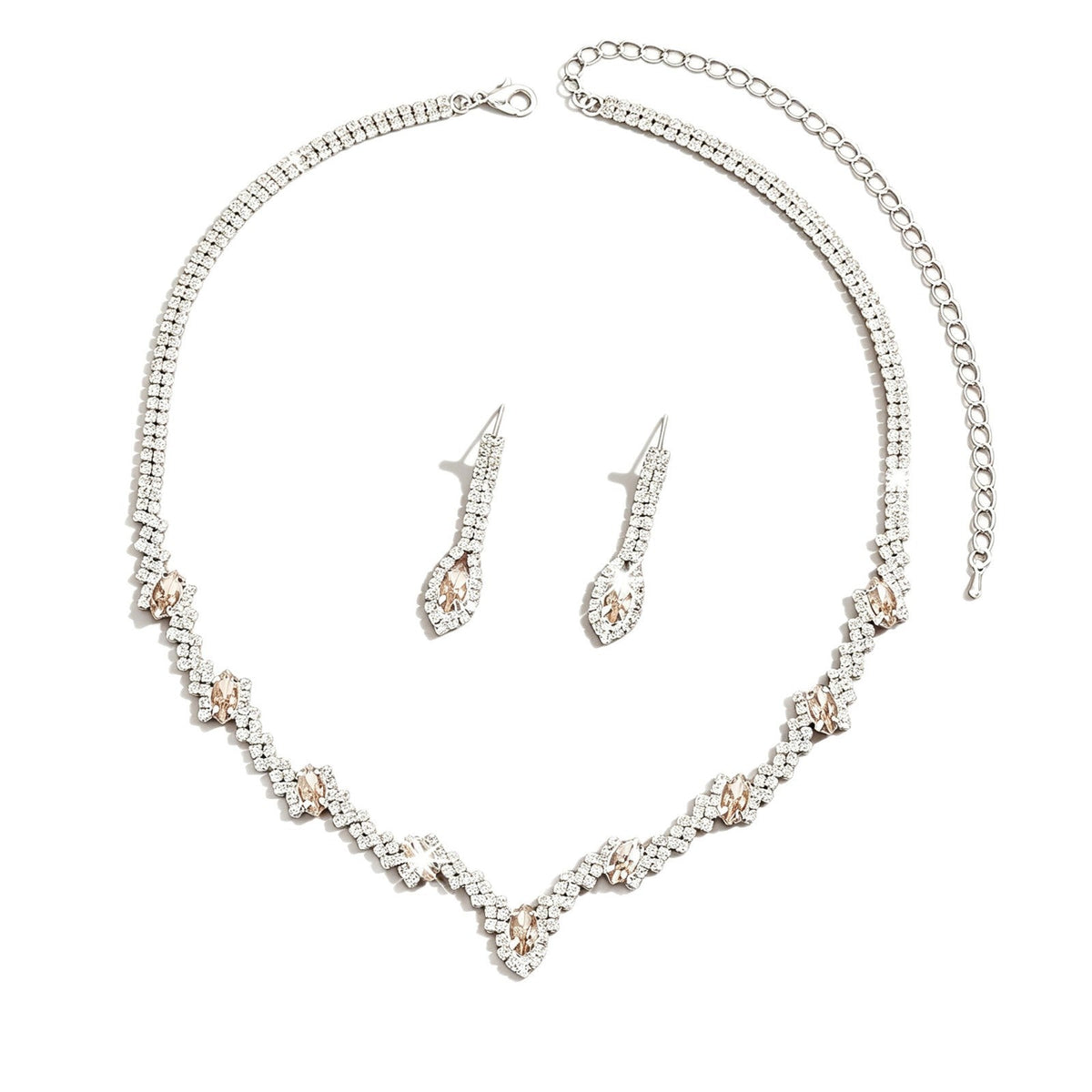 European And American Cross-Border New Style Full Diamond Water Drop V-Shaped Bridal Wedding Necklace And Earrings Fashion Exquisite Eco-Friendly Jewelry Set