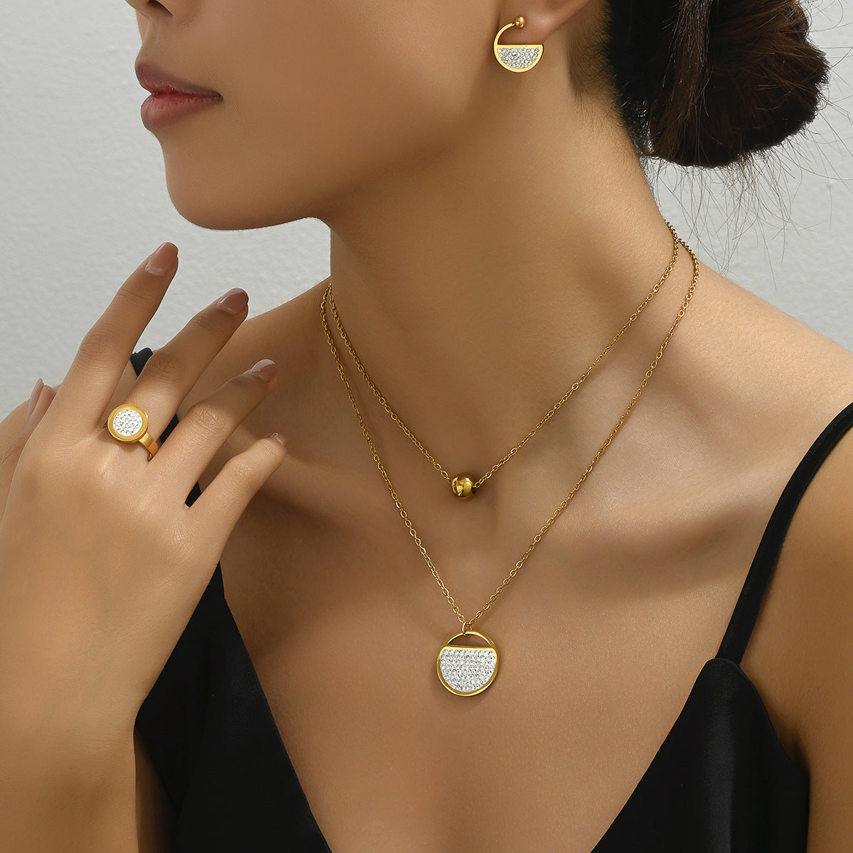 Ins Fresh Japanese-Korean Style Women's Ring Earrings Necklace Suit Distinctive Zircon Round Collarbone Chain All-match Bracelet