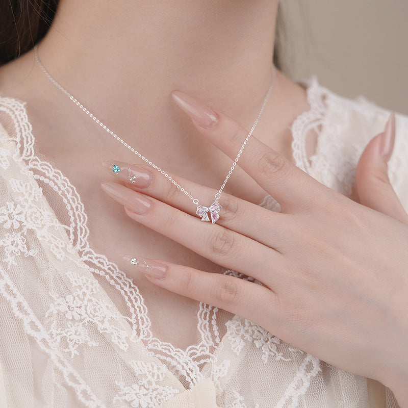 S999 Pure Silver Bow Clavicle Chain Exquisite Niche High-End Pendant Necklace Feminine Elegant Pure Silver Neck Chain