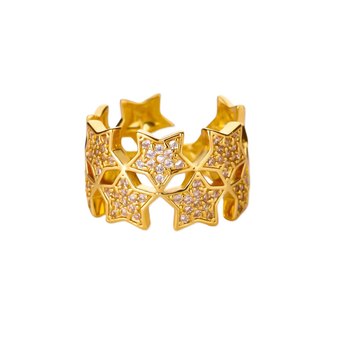 Women 18K Gold Plated Open Ring, Multi-Layer Hollow Design, Sparkling Cubic Zirconia, Minimalist Luxury Temperament Ring