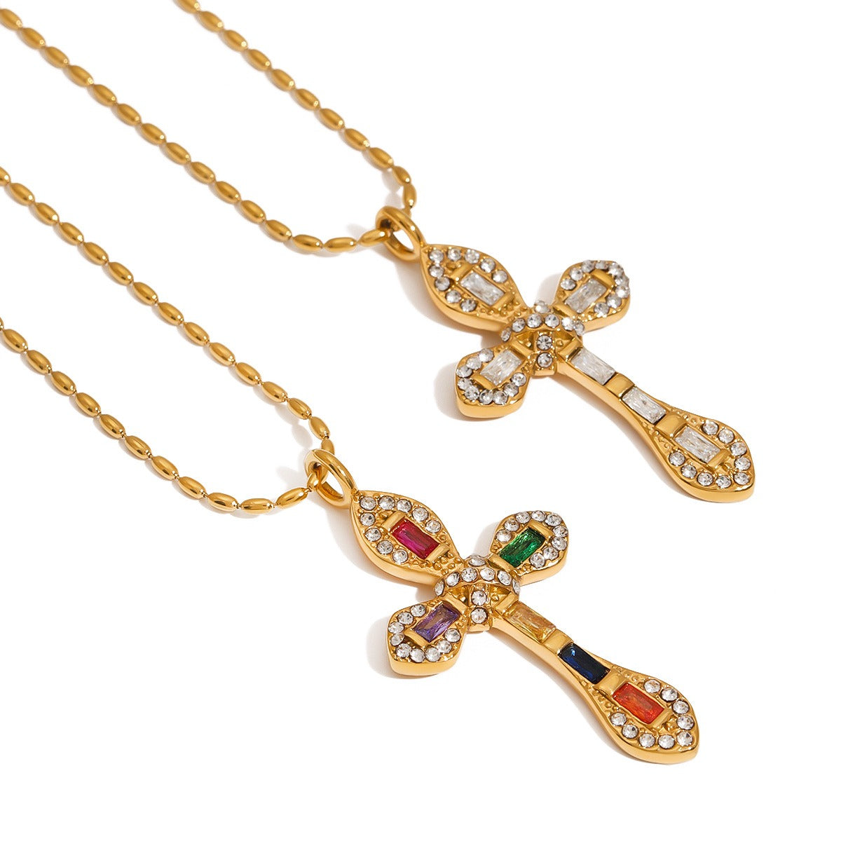 18K Gold Cross Inlaid Gemstone Design Classic Fashion Necklace
