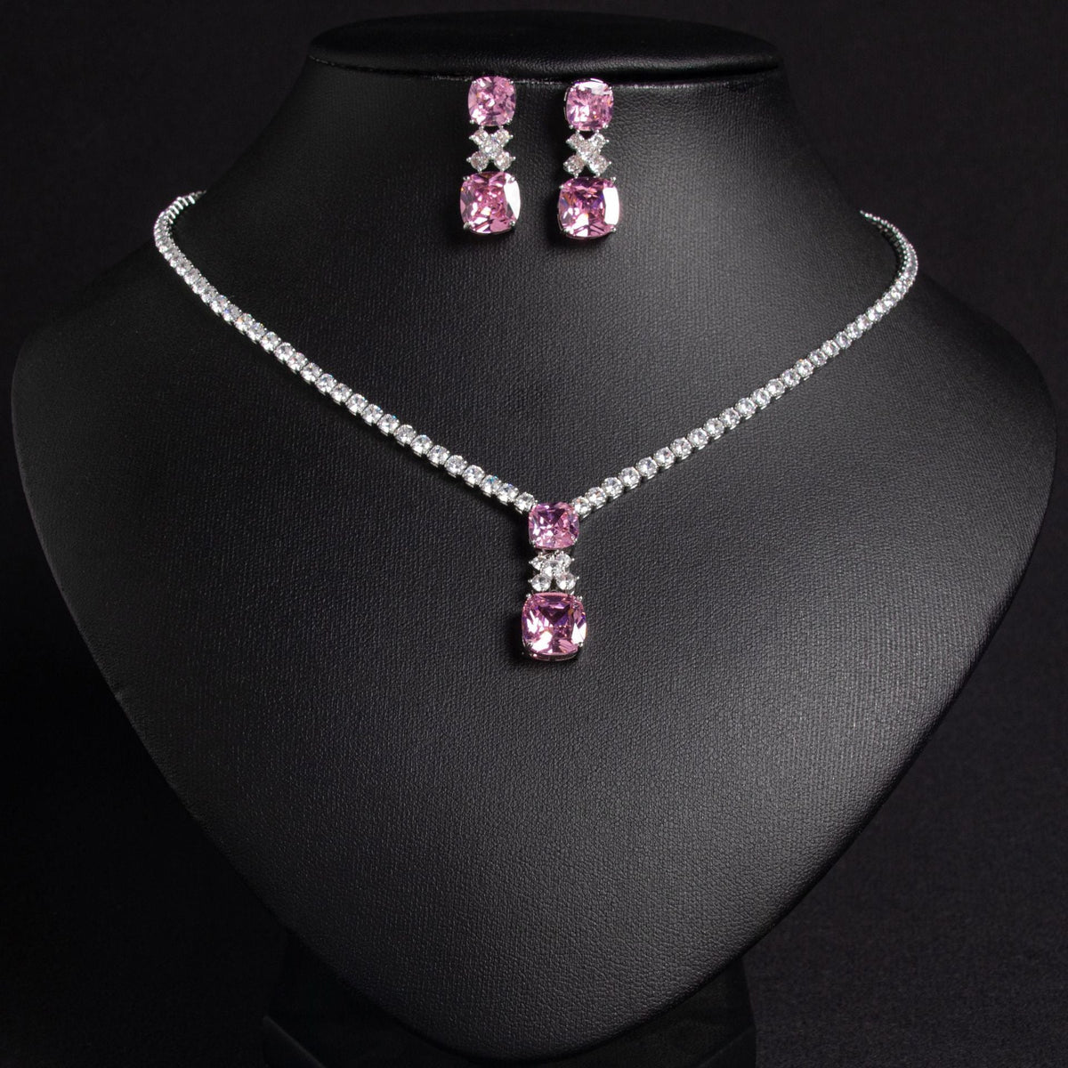 Cross-Border Small Square Bridal Necklace Women's Clavicle Chain Light Luxury Niche Design Simple Zircon Pendant Earrings Necklace