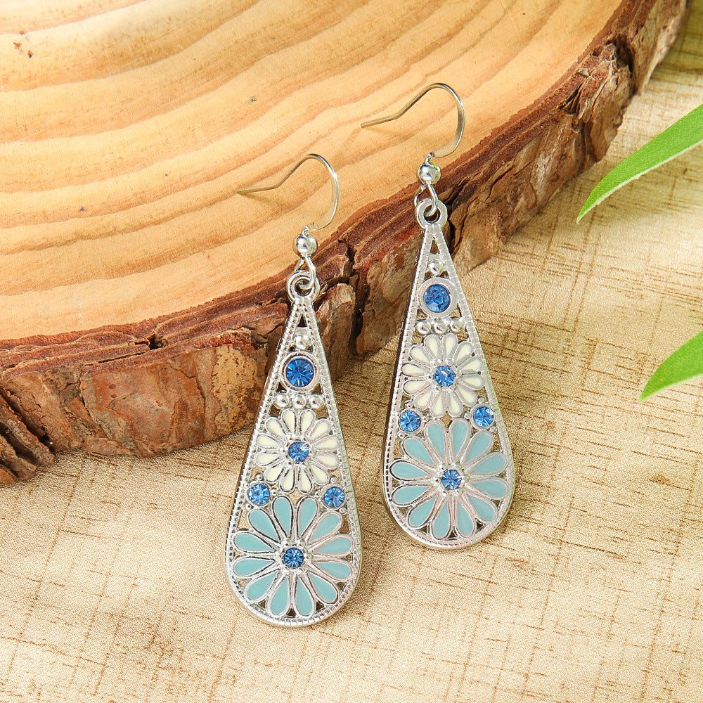 Metal Earrings Water-drop-shaped With Small Daisies Oil-drip Style