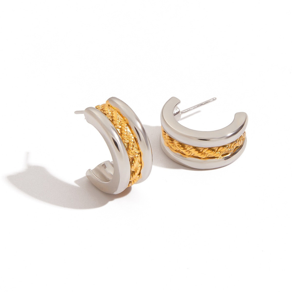 18K gold C-shaped earrings with gold and silver color matching design, trendy and unique