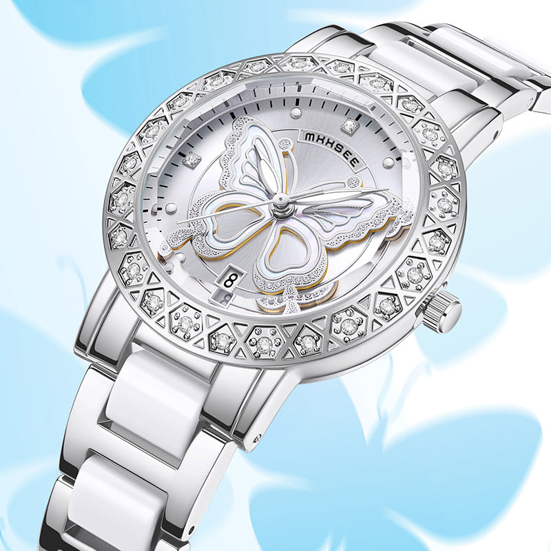 Butterfly Diamond-encrusted Luxury Women's Watch With Calendar And Steel Strap