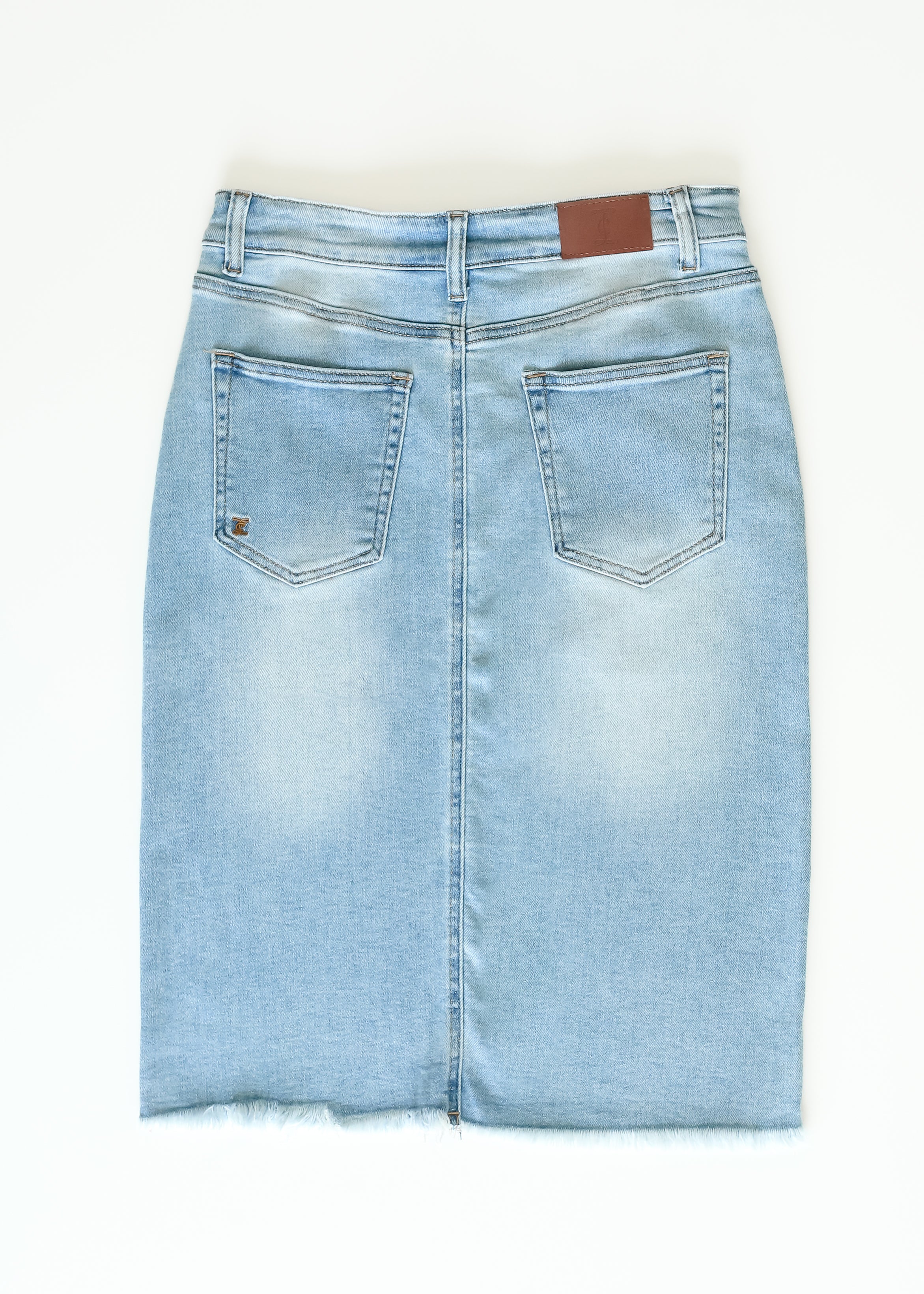 Drew Raw Hem Midi Denim Skirt