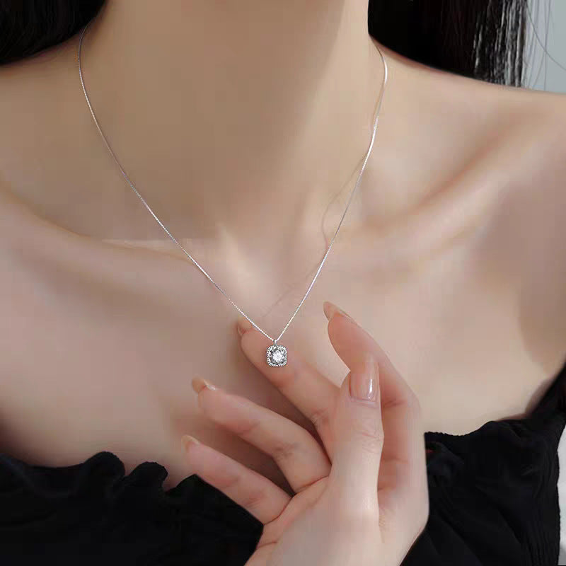 925 Sterling Silver Square Diamond Necklace 2025 New Fashion Hot-Selling Clavicle Chain Exquisite Light Luxury Women's Niche Design