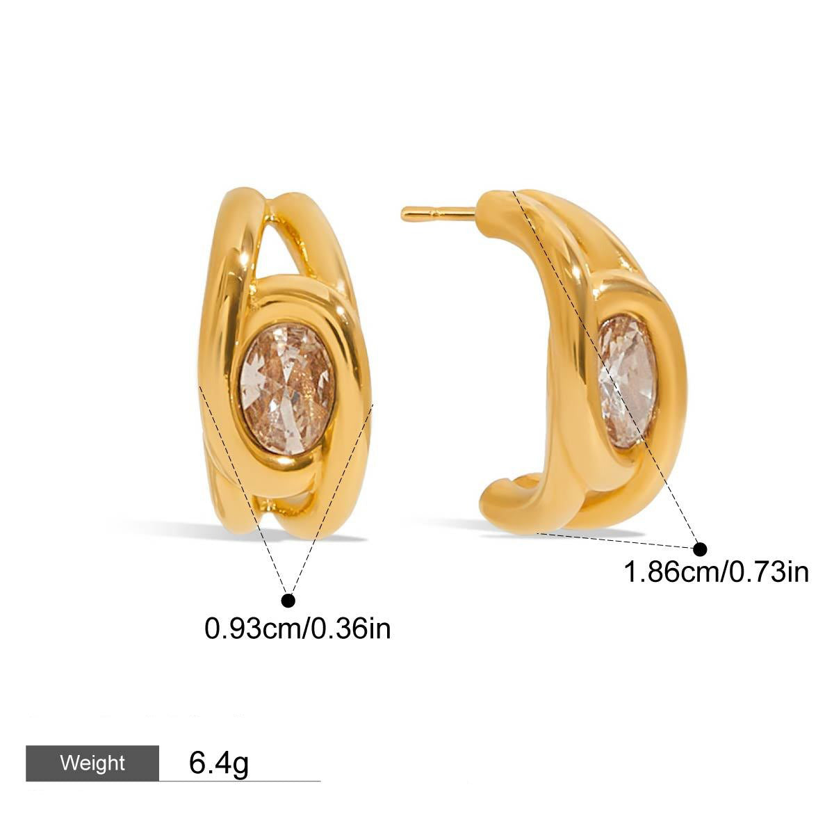 18K gold C-shaped gemstone earrings with exquisite design
