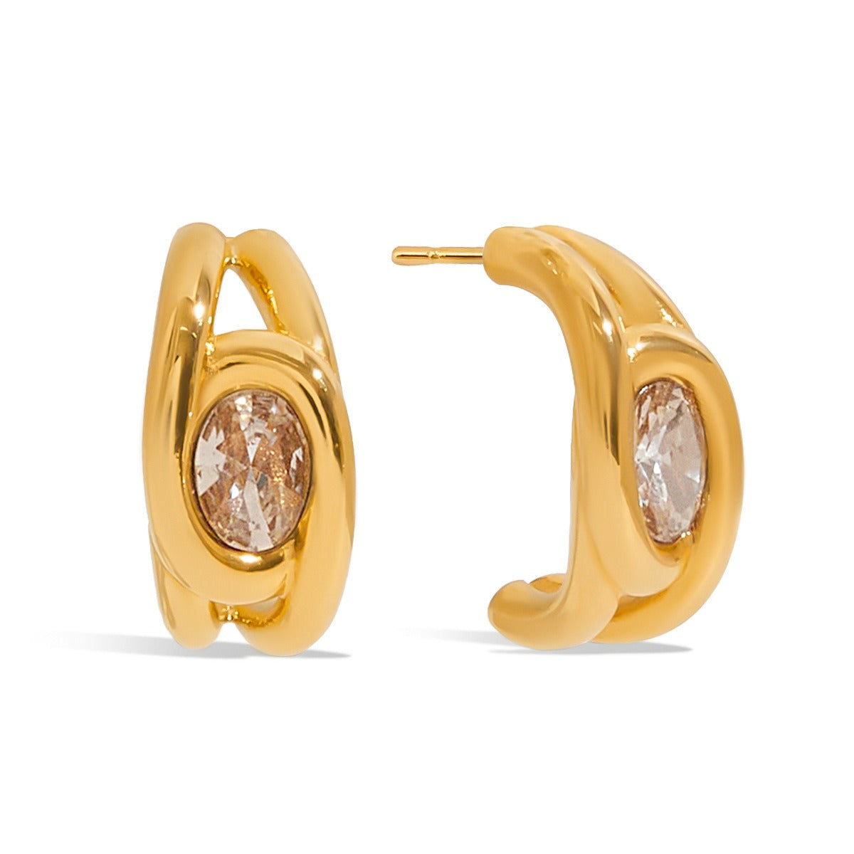 18K gold C-shaped gemstone earrings with exquisite design