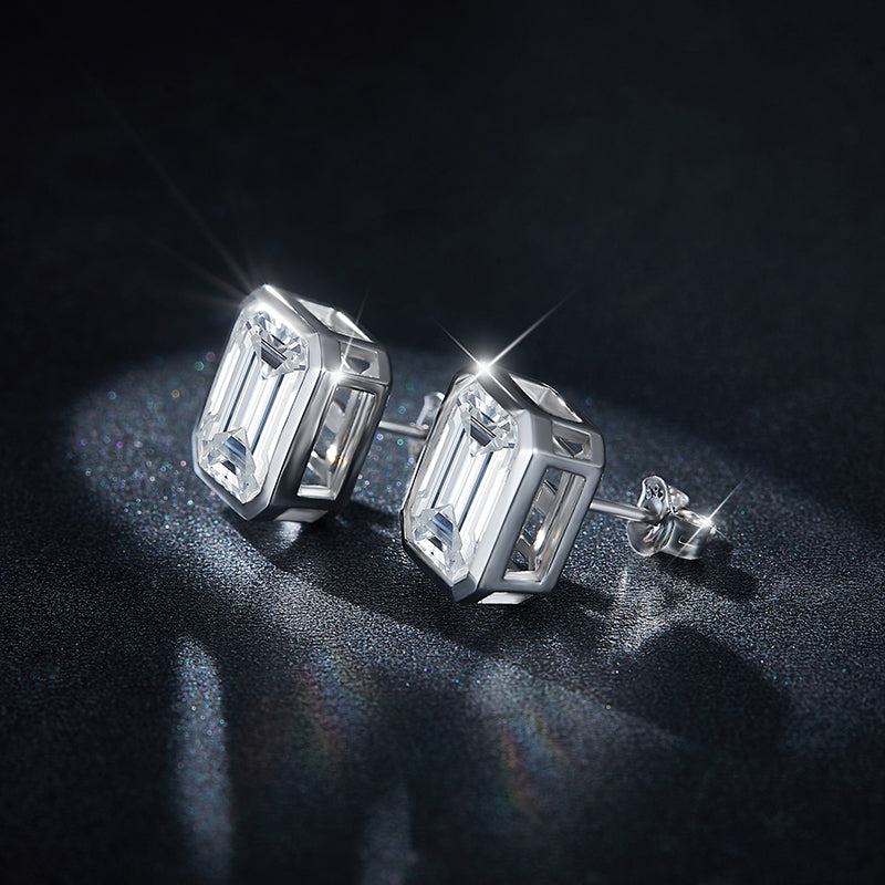 S925 Sterling Silver 8x10mm Emerald Cut Moissanite Stud Earrings Platinum Plated Geometric Bezel With GRA Certificate Jewelry Gift Box Set