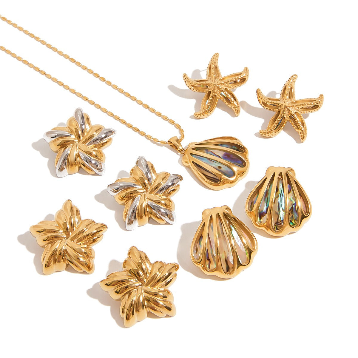 18K gold star/shell-shaped exquisite and noble earring necklace set