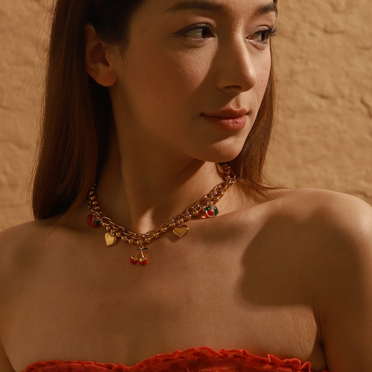 18K gold heart with cherry design exquisite cute necklace