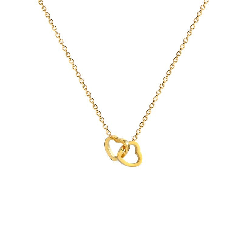 All-Titanium Steel Electroplated 18K Gold Cool Style Heart Double Ring Necklace For Women Niche Design Fashionable And Versatile High-End Sense