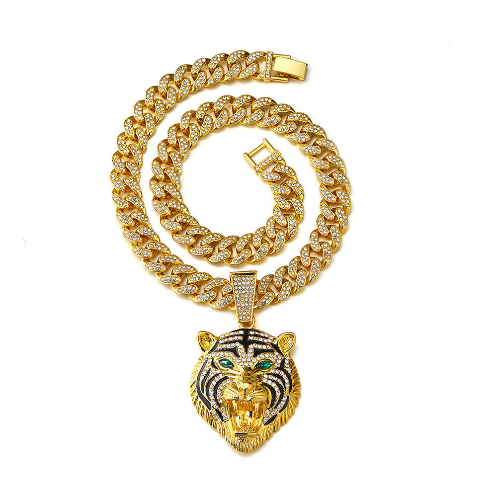 3D Animal Cat Pendant Zinc Alloy Full Diamond Enamel Hip-Hop Style Cuban Chain Necklace Lion Necklace