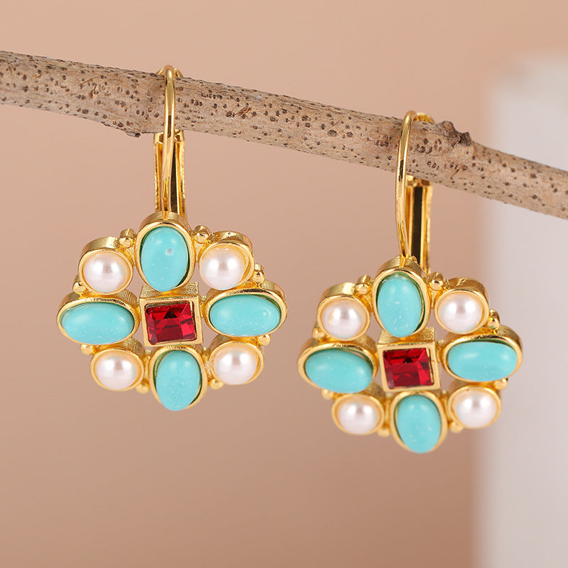 Vintage Turquoise Color Pearl Drop Earrings Gold Tone Brass Women Party Fashion Jewelry Elegant Gift