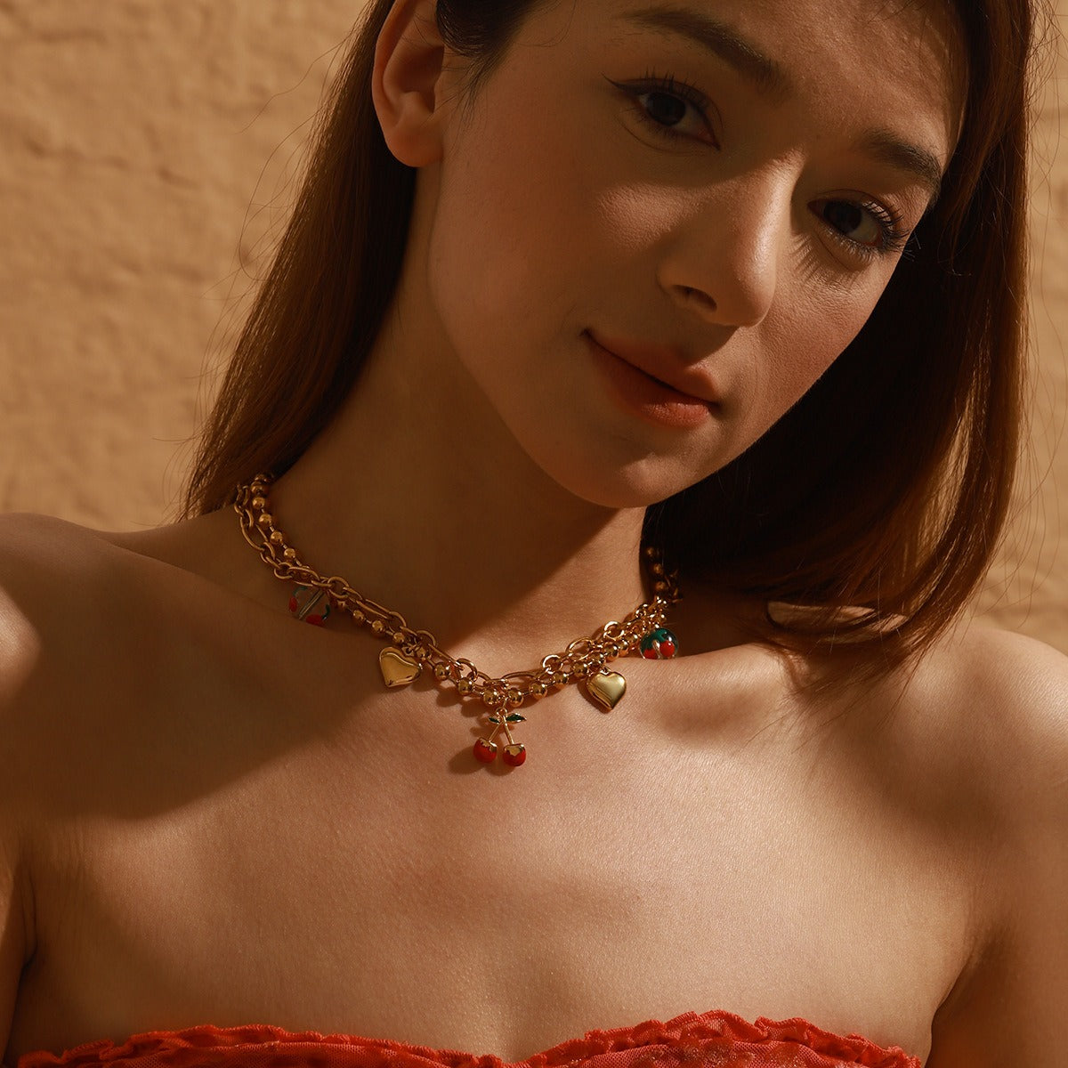 18K gold heart with cherry design exquisite cute necklace