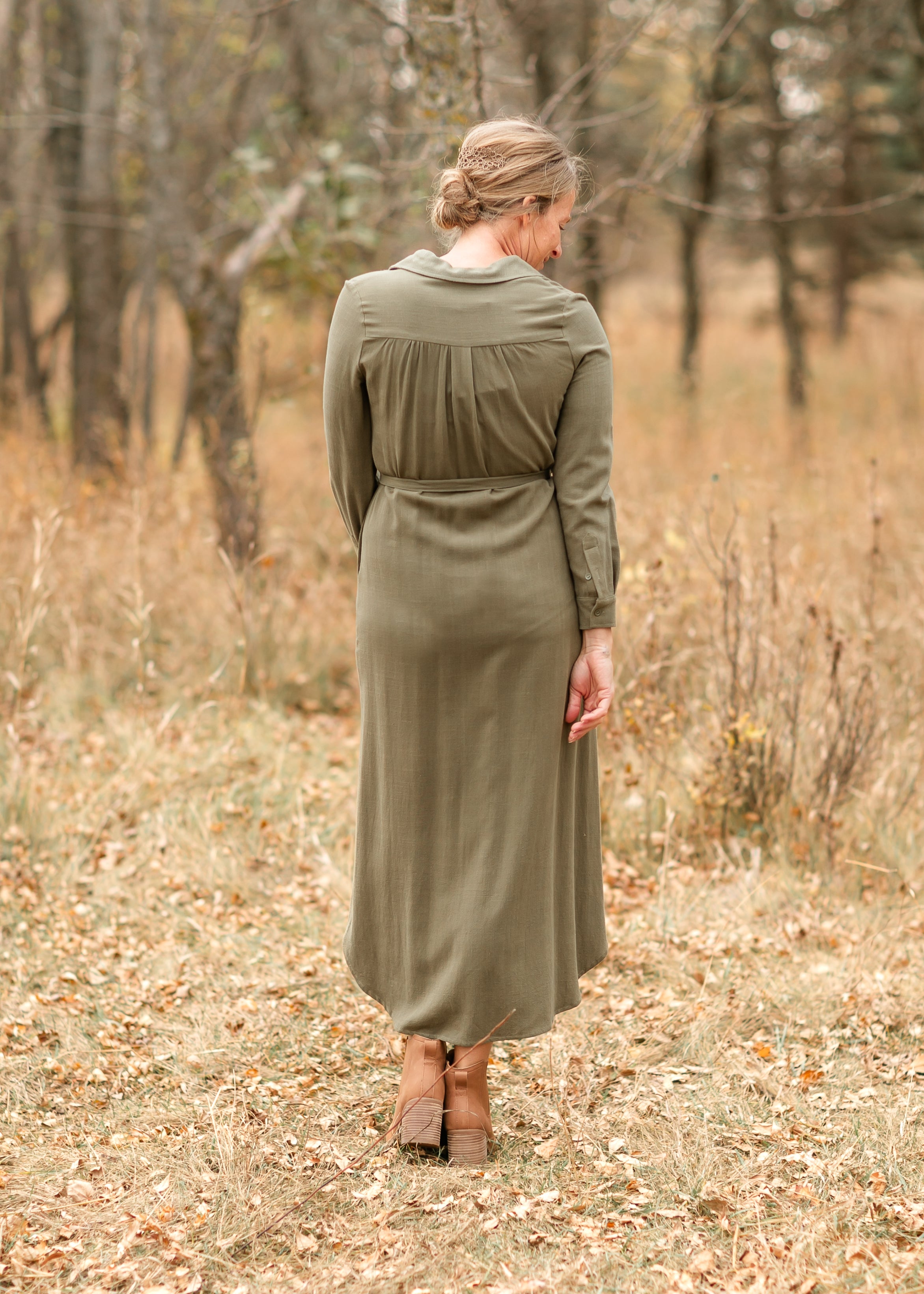 Essential Olive Long Sleeve Linen Shirt Dress