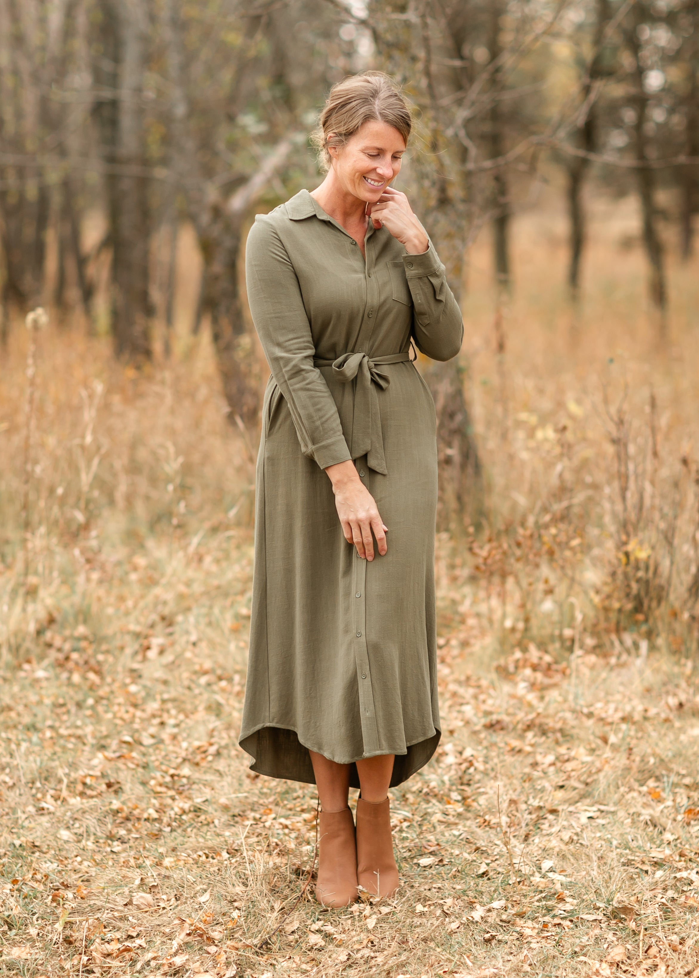 Essential Olive Long Sleeve Linen Shirt Dress