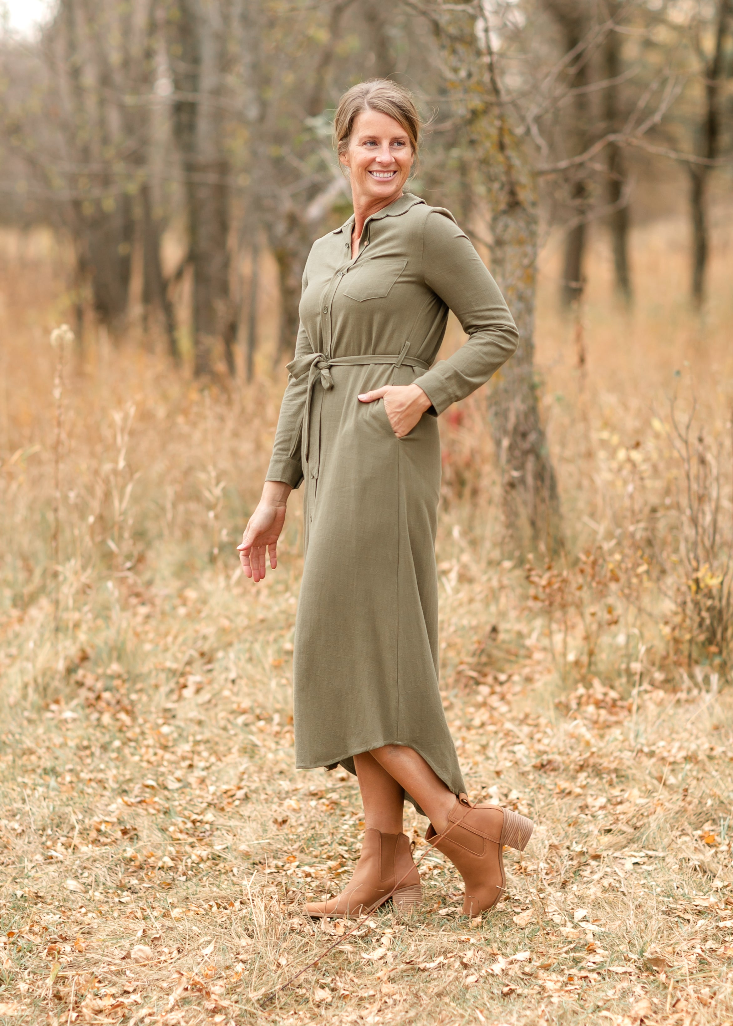 Essential Olive Long Sleeve Linen Shirt Dress