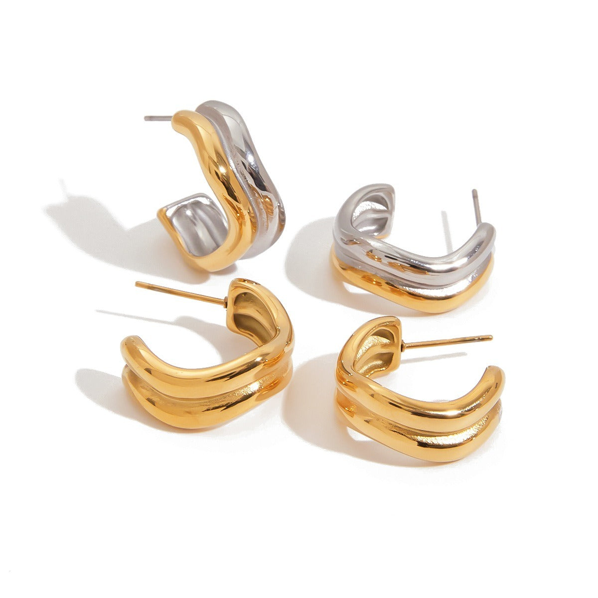 18K gold double-layer C-shaped design simple and unique earrings