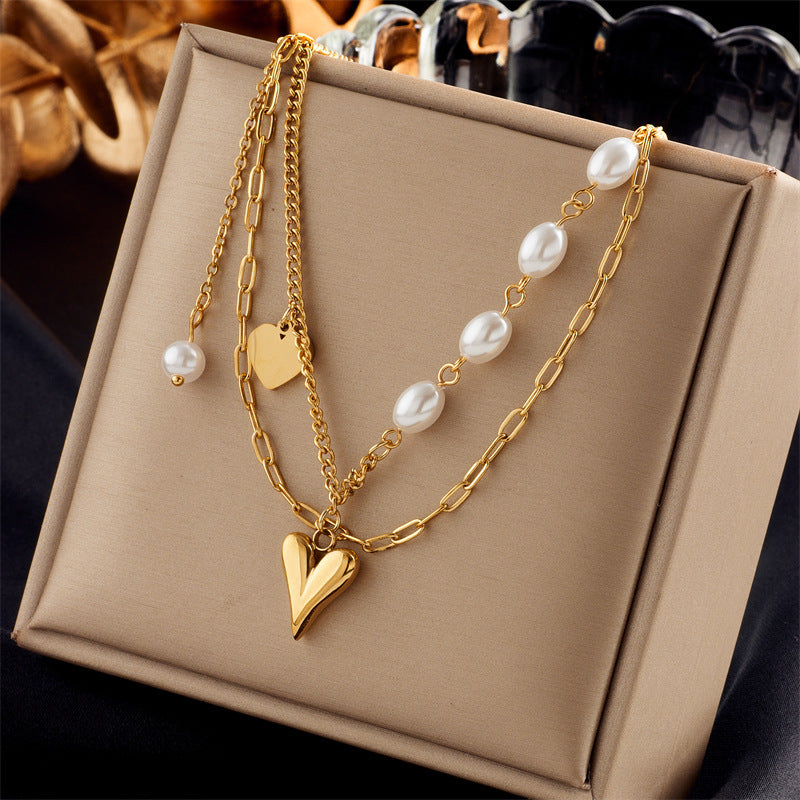 European And American Retro Butterfly Pearl Double-Layered Necklace For Women, Cross-Border Light Luxury Niche Stainless Steel Gold-Plated Jewelry Necklace
